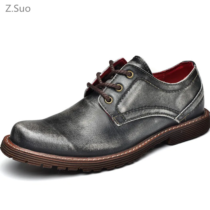 

Vintage Genuine Leather Men Oxfords For Men Dress Shoes Formal Men Working High Quality Brown Gray