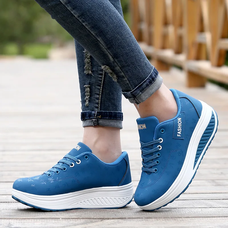 PU Lacing Women Toning Shoes 5.5CM Thick Soles Height Increased Breathable Wedges Swing Sneakers New Autumn Slmming Shoes