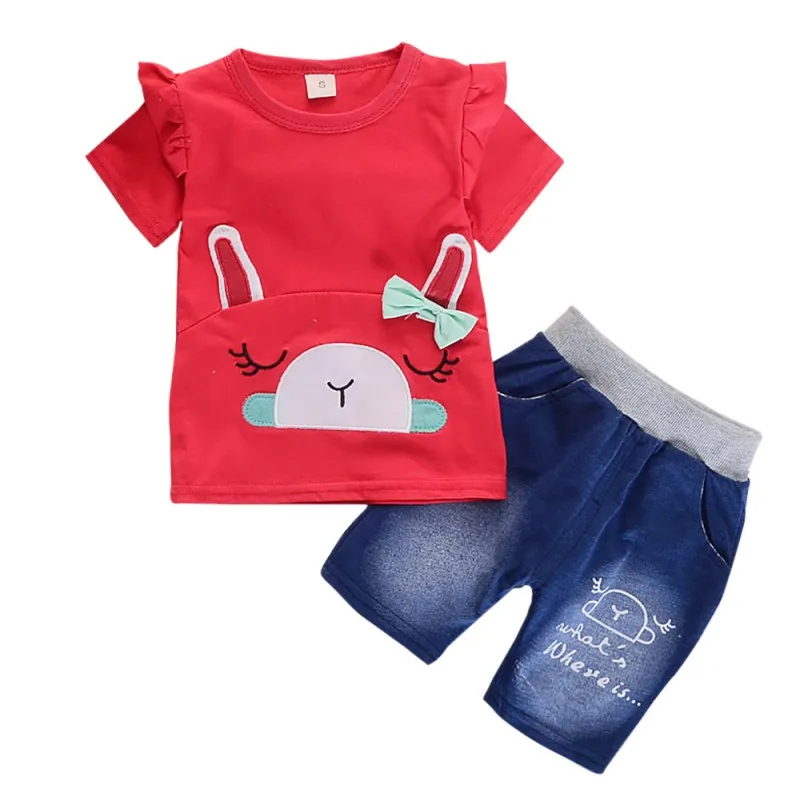 طفل الفتيات ملابس الصيف قصيرة الأكمام الكرتون إلكتروني تي شيرت مطبوع قمم + الدنيم السراويل الدعاوى الفتيات مجموعة ملابس عارضة