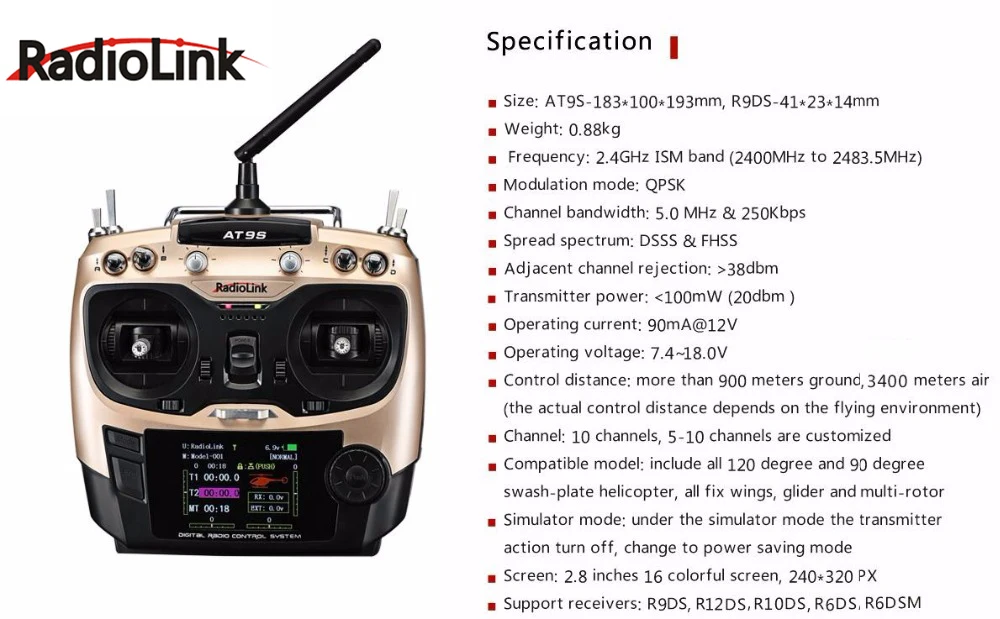 Радиолинк AT9S 2,4G 9CH системный передатчик с R9DS приемником AT9 пульт дистанционного управления обновленное видение для радиоуправляемого квадрокоптера вертолета