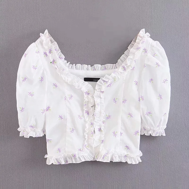 

Klacwaya women white ruffles embroidery shirts 2019 summer ladies fashion short blouses shirt girls bomb cotton tops femme chic
