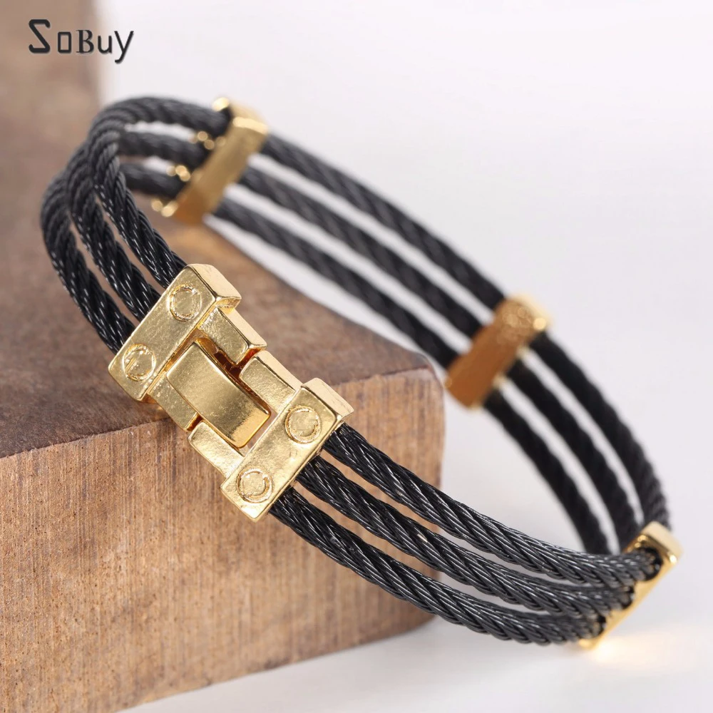

New Brand Unique Male Braid Stainless Steel Men Women Bracelets Bangles Punk Golden Lock 3 Rows Wire Chain Cuff Charm Bangles