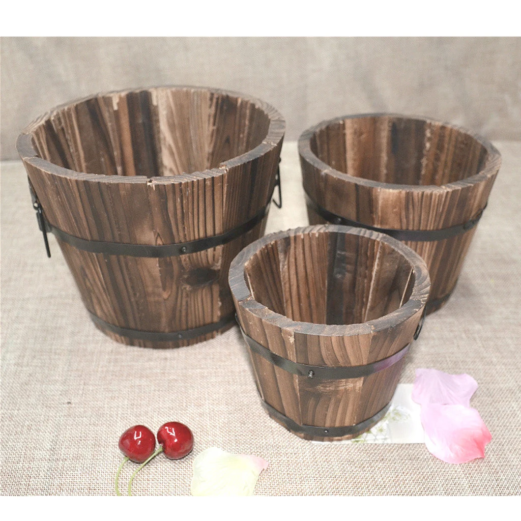 High quality Wooden Bucket Pot Flower Planter Barrel Patio Garden Outdoor Home Decor #1 S