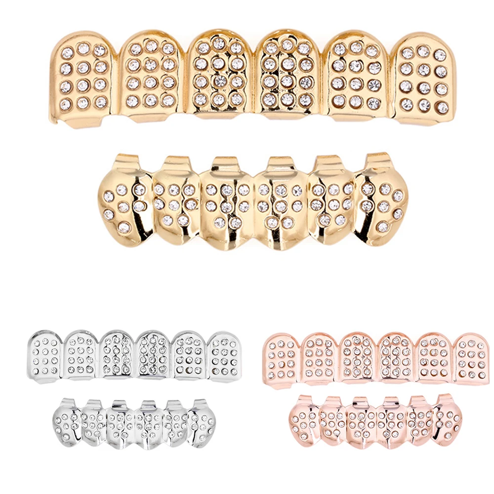 1 пара 14 к золотые зубы Grillz сверху и снизу Iced Out CZ хип хоп зуб крышка гриль набор ювелирных изделий