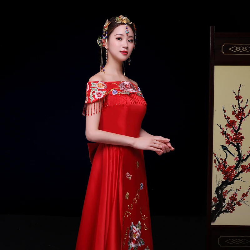 Красные Свадебные невесты китайский Стиль Cheongsam традиционные женские длинные Qipao Вышивка Для женщин вечернее платье жениться одежда S-XXL