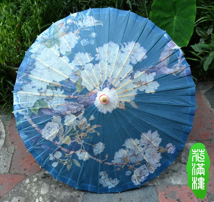 

Bule Bottom Blossom Cherry Flowering Oiled Paper Chinese Handmade Classical Craft Dance Parasol Gift Parasol Women Umbrella