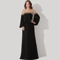 Actual Photos Long Sleeve O Neck Gold Beads Long Elegant Women Black Evening Dresses Formal Dress Floor Length Dubai Kaftan