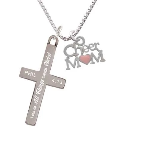 Cheer Mom with Pink Heart - I Can Do All Things - Cross Necklace (1)