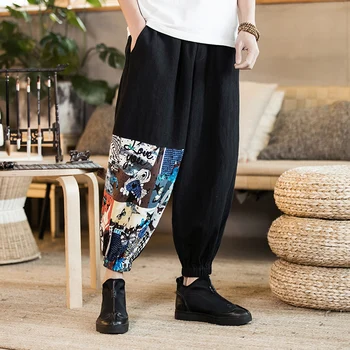 

2020 men elastic waist casual long harlan pants baggy solid lace up patchwork black long trousers pantalon plus