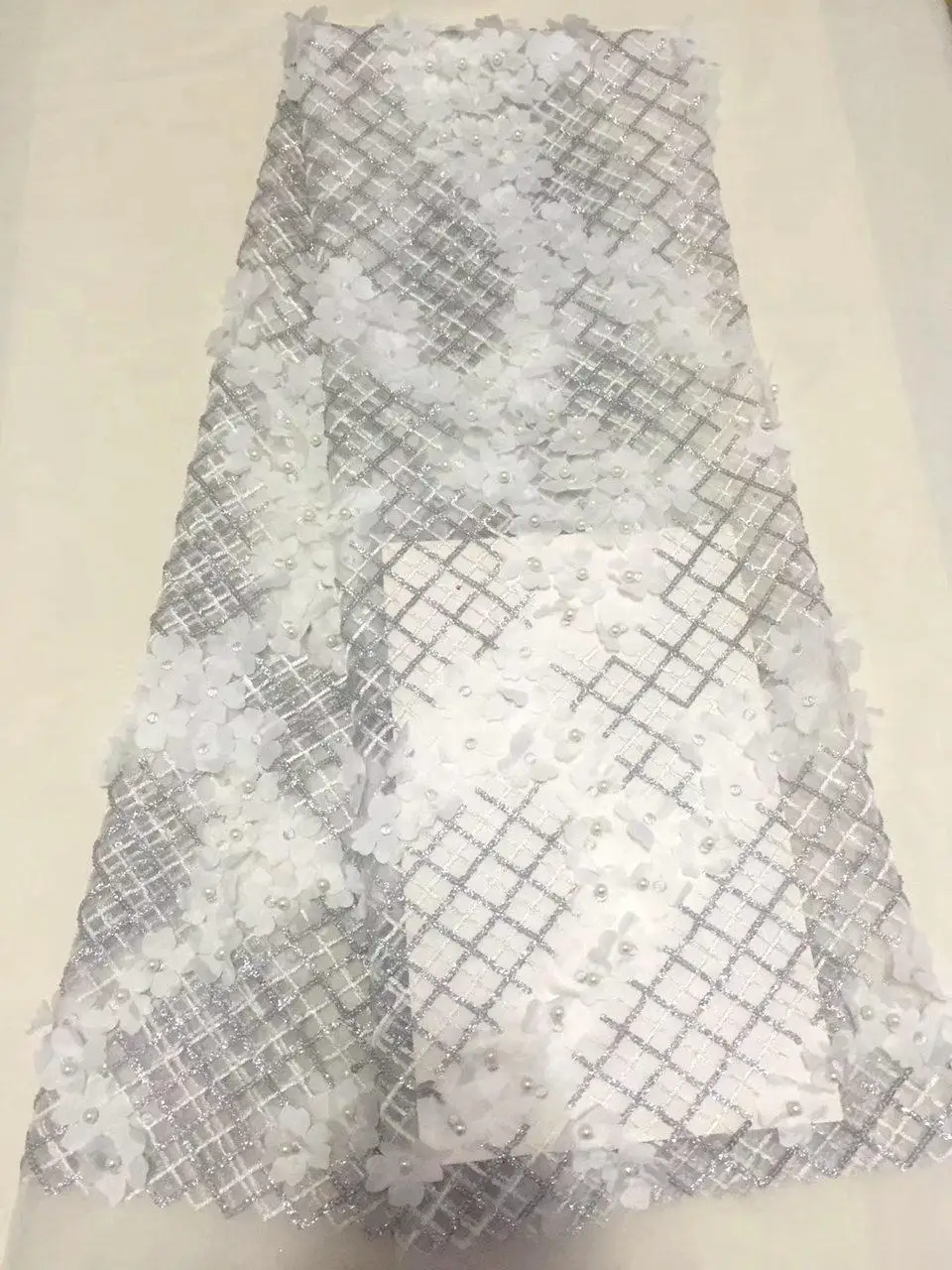 

French net lace fabric 3D flower African tulle mesh lace fabric with beads 2018 high quality african lace fabric for party