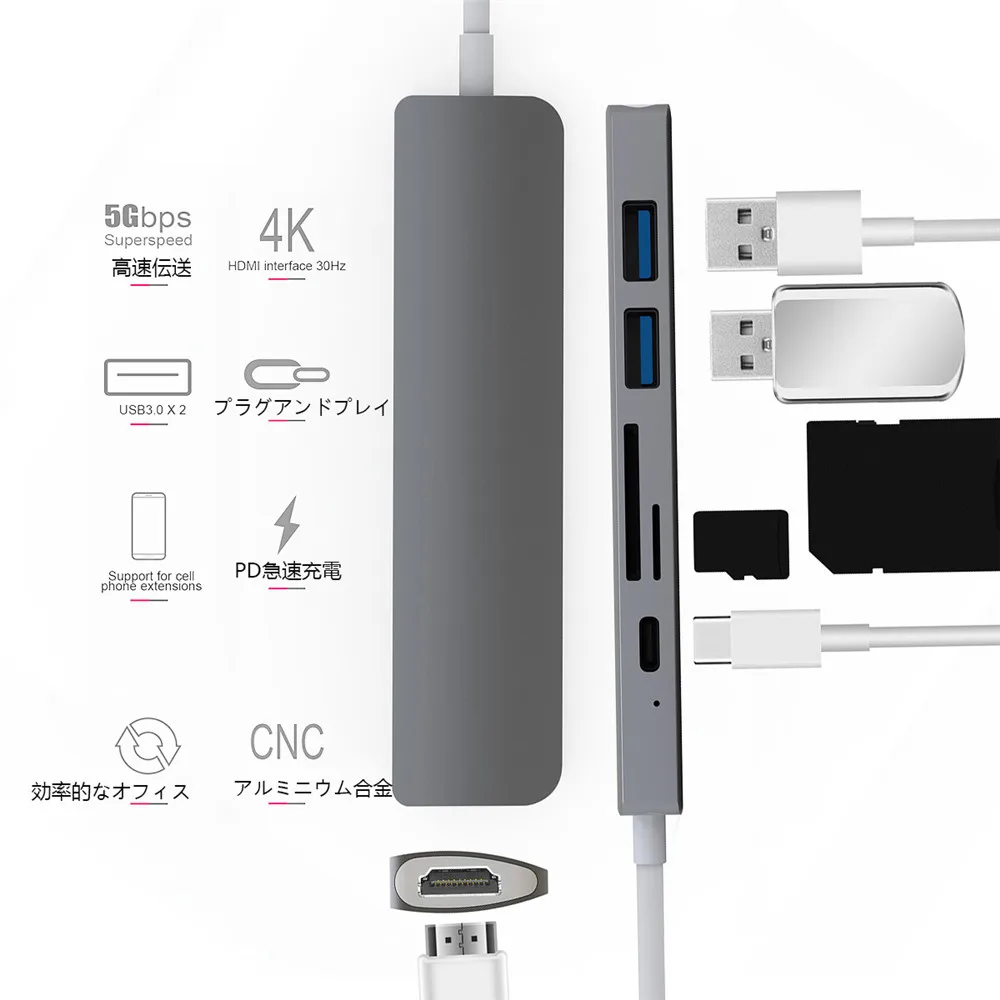 Usb type C концентратор Thunderbolt 3 адаптер USB-C HDMI 4 K PD USB 3,0 Micro SD TF карта для MacBook Pro samsung S9 huawei mate 20 P20 - Цвет: Gray