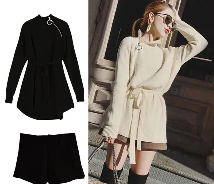 

2pcs/set Women Knitted Sweaters High Neck Long Sleeve Loose Crop Top High Waist Shorts Casual Autumn Winter Outfits