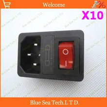 10 шт переключатель розетка с светильник красный, AC Разъем питания 4Pin 10A 250 В с предохранителем+ 10A предохранитель