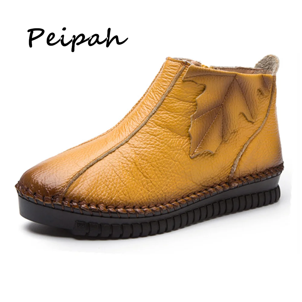 

PEIPAH Handmade 100% Genuine Leather Shoes Women Ankle Boots Autumn Winter Zipper Flat With Women's Boots Plus Size 35-43