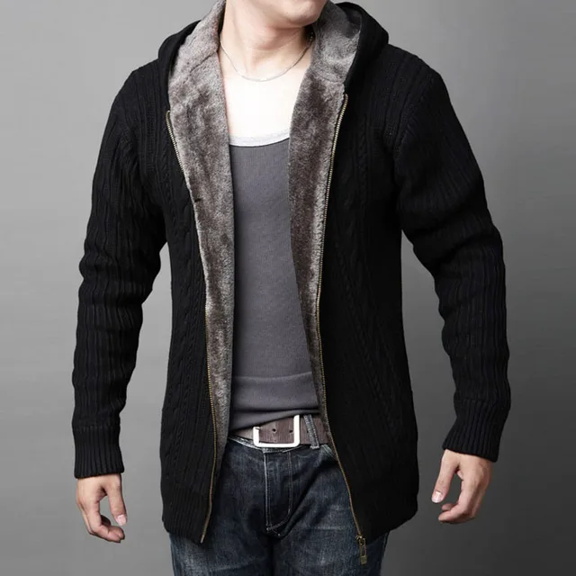 Fashion men's Hooded Sweater jacket winter Mens Wool Velvet lining