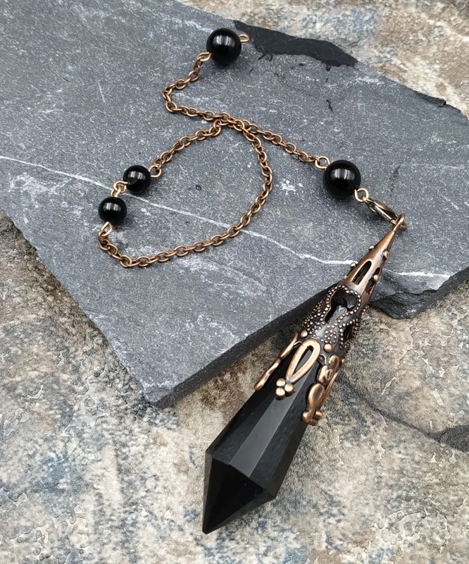

Natural Black Obsidian Stone Healing Point Pendulum Chain M0086