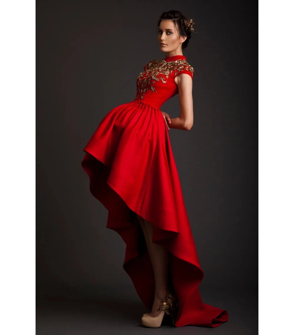 Elegant Red High Front Low Back Stain Prom Dresses 2016 Short Sleeve Knee Length Sweep Train