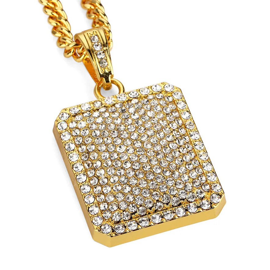 Men's Full Iced Out Rhinestone Square Tag Pendant Cuban Chain Hip Hop