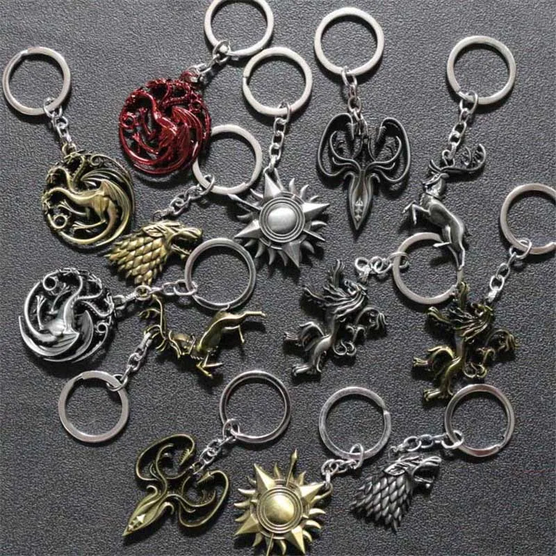 

Game of Thrones Keychain Stark Wolf Pendants Key Chains A Song Of Ice And Fire Targaryen Dragon Family badgeKeyring Souvenirs