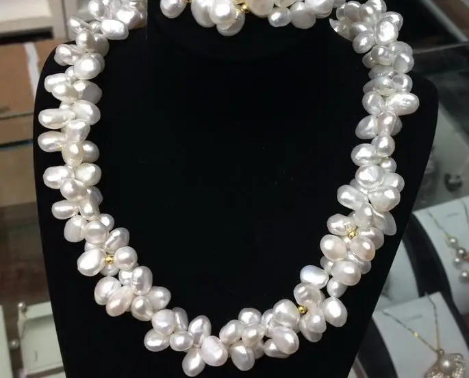 

Women Jewelry natural pearl 10mm white baroque pearl 2 Rows necklace gold beads Natural freshwater pearl handmade gift 17'' 42cm