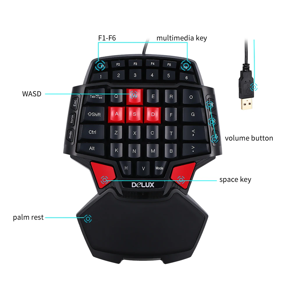 Игровая клавиатура Delux T9 Профессиональная USB Проводная с одной или рукой 47 клавиш