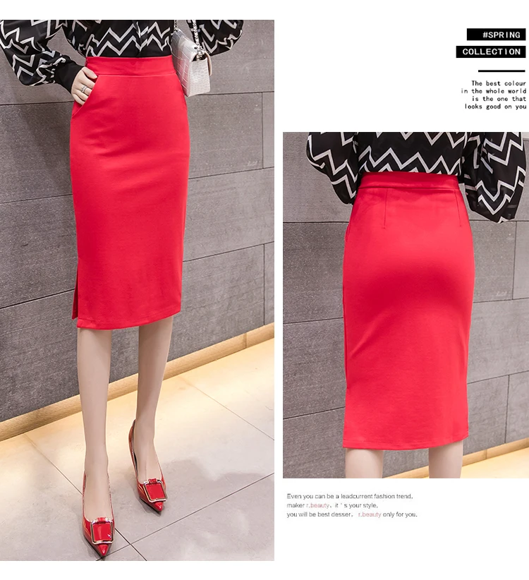 S-5XL Plus Size New Fashion Elegant Women's Midi Pockets Skirt Slim OL Sexy Open Slit Pencil Skirt Knee-Length Office Lady Skirt