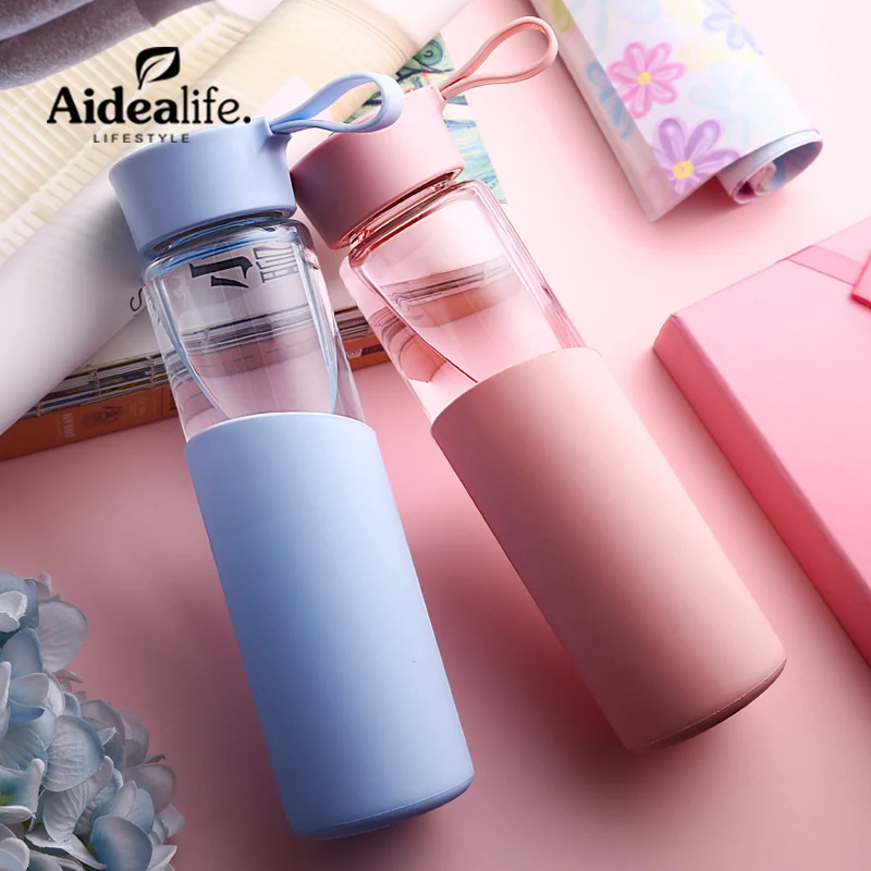 

eco friendly Cute Juice Glass Bottle Hot Cooler Pink Blue Water Bottle 320ml promotional items with customized logo