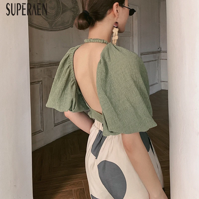 

SuperAen Sexy Chiffon Shirt Female 2019 Summer New Solid Color Women Blouses and Tops Short Sleeve Chiffon Women Clothing