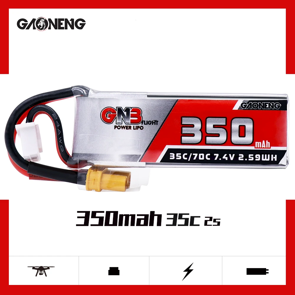 

2PCS Gaoneng GNB 350mah 7.4V 35C/70C 2S Lipo battery with XT30/JST Plug for Beta75X ESKY DLG1000 F300BL DTS130 Tiny Whoop Drone