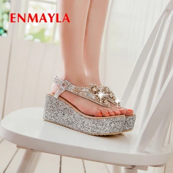 

ENMAYLA 2019 New Women Summer Fashion High Heel Sandals Sequined Cloth Gladiator Wedges Shoes for Women Size 34-43 LY2467
