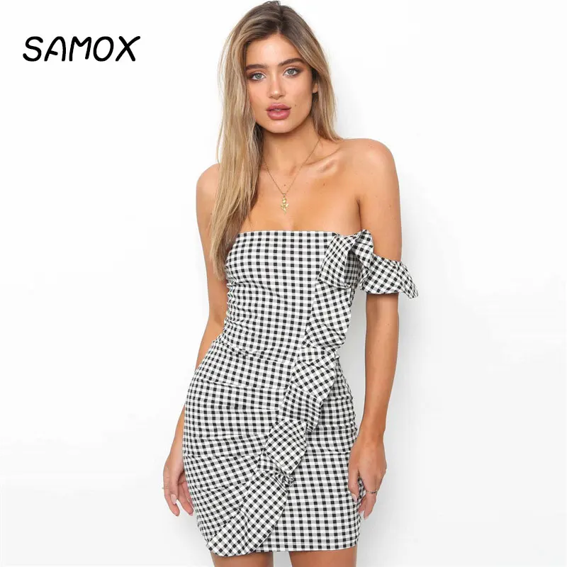 

JSMY 2019 New Summer Fashion Women Black And White Plaid Irregular Ruffle Off Shoulder Pack Hip Dress