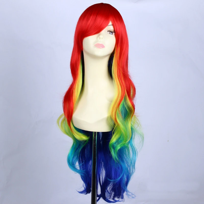 32inch Cheap synthetic multi color Ombre Rainbow wig cosplay for costume party, long curly wig lolita with bang for black women