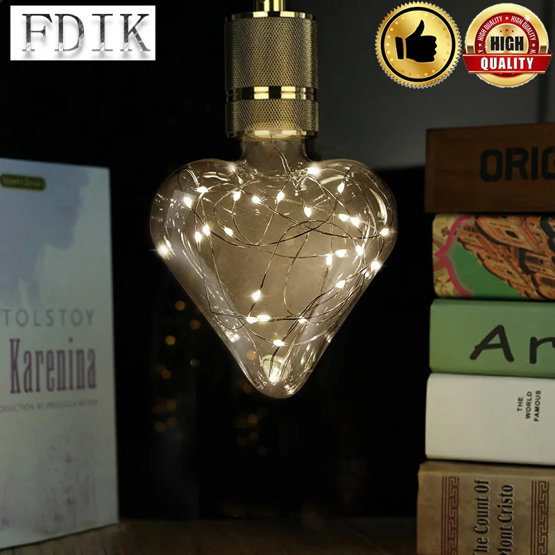 Творческий Эдисон Свет Bulbheart в форме Винтаж украшения светодиодный лампы накаливания Медный провод строка E27 AC85V-265V Праздничные огни