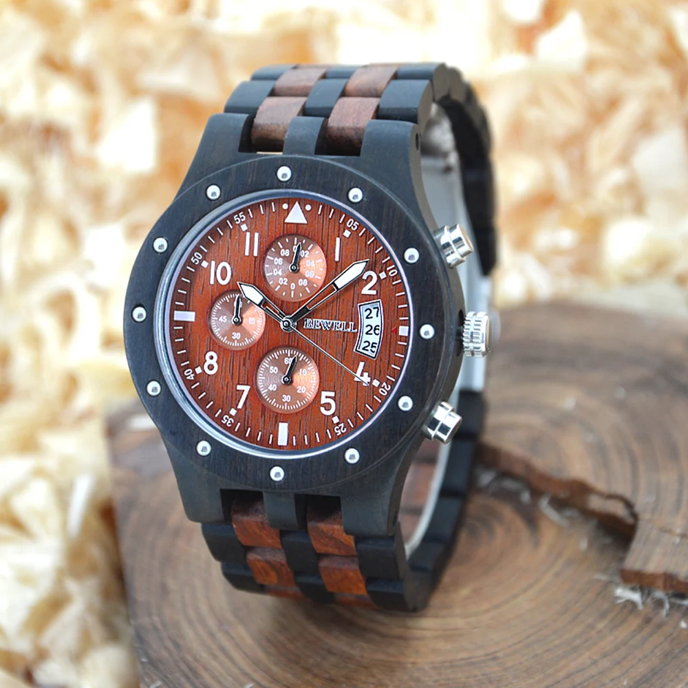 BEWELL Wood Watch Men Wooden Vintage Mens Watches Three Dials Date