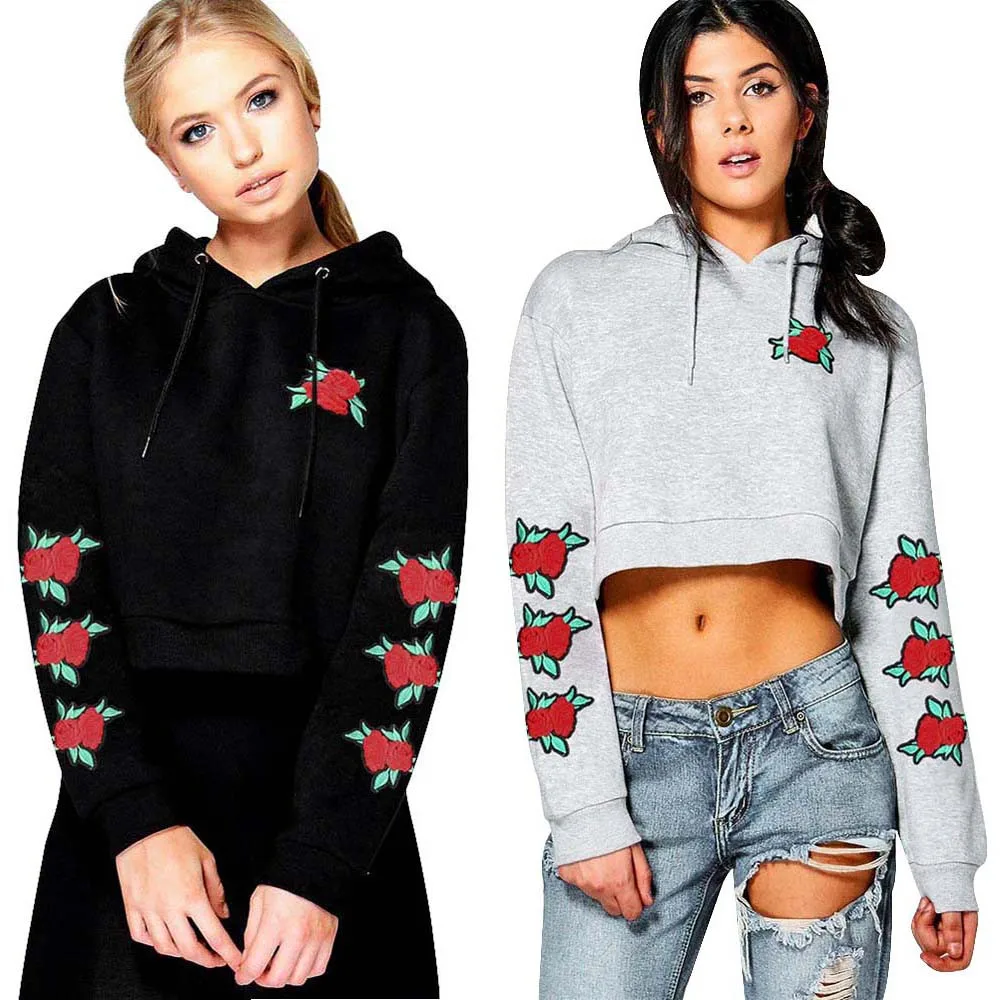 2017 Streetstyle Women Embroidery Applique Hoodie Sweatshirt Crop