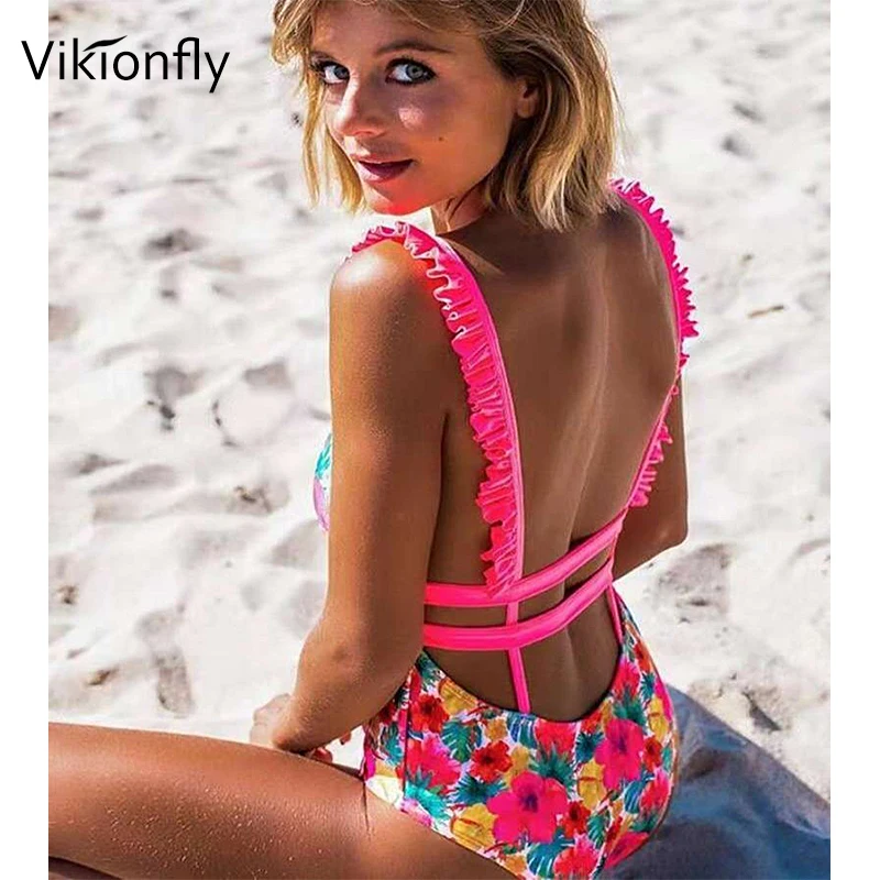 

Vikionfly Ruffler Neon One Piece Swimsuit Thong Swimwear Women 2019 Backless Padded Push Up 1 Onepiece Bathing Suit Swim Wear