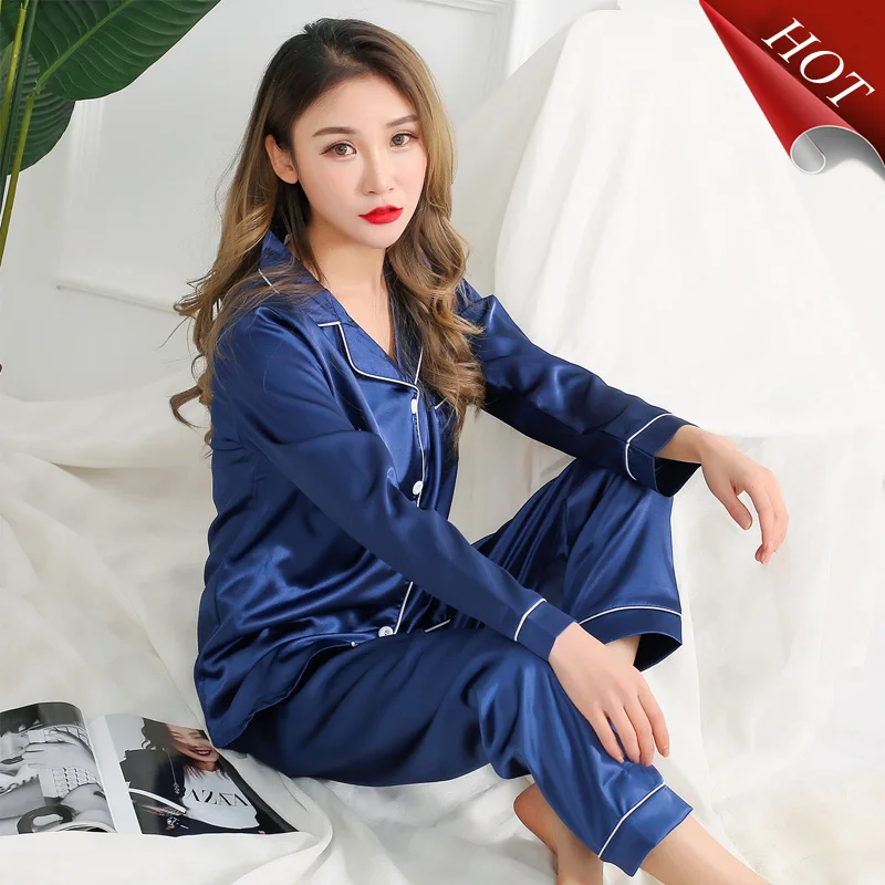 women Comfortable Pyjamas Plus Size 3XL 4XL 5XL Long Sleeve Casual homewear Autumn solid Pajama Sets Silk Satin Sleepwear Suit - Цвет: 8041 lan