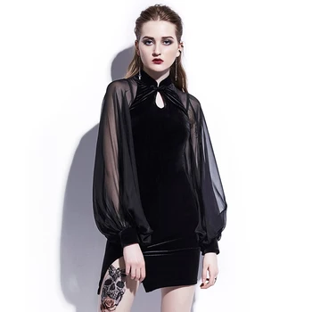 

New Chinese Original Design Autumn Velvet Dress Lantern Sleeve Mesh Stitching Slim Sheath Cheongsam Dress Black Party Dress
