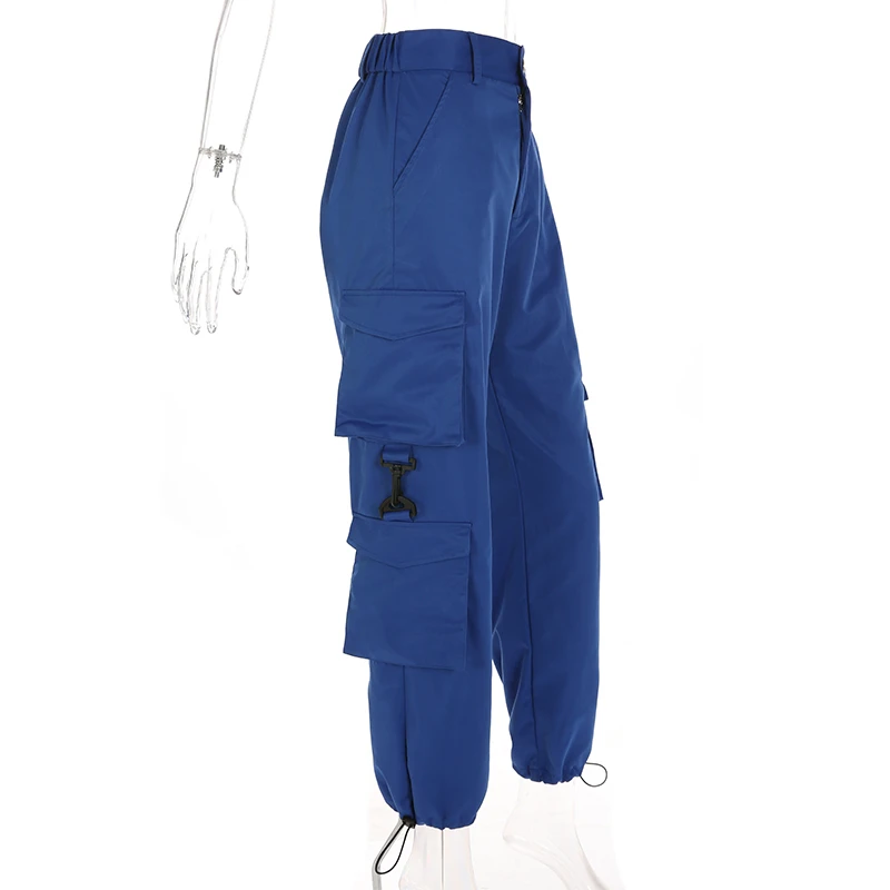 Weekeep, женские синие брюки-карго с высокой талией, Модные свободные брюки с карманами, женская уличная одежда, лоскутные брюки-карандаш, спортивные штаны