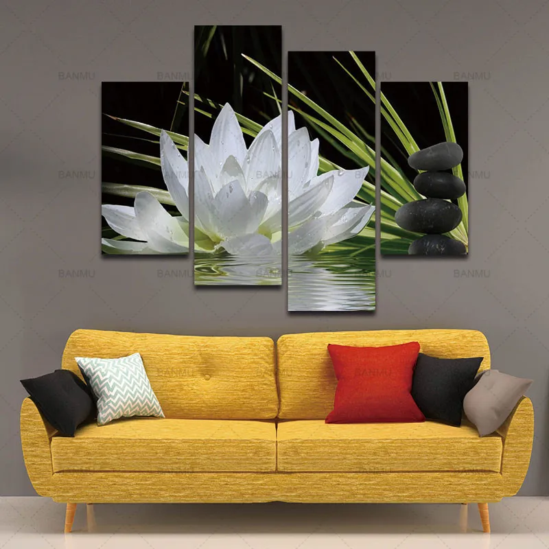 BANMU 4 kusy plátno tisknout nástěnné malby pro domácí květina bílé Lotus v černé stěně umění obrazu moderní modulární obraz bez rámce