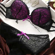 2 PCS Women Sexy Underwear Bow Lace Embroidery Push Up Bra Sets Quality