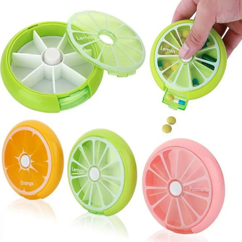 

Portable rotary dispensing pill case fruit design circular 7 Slots storage box bins Medicine Holder Organizer