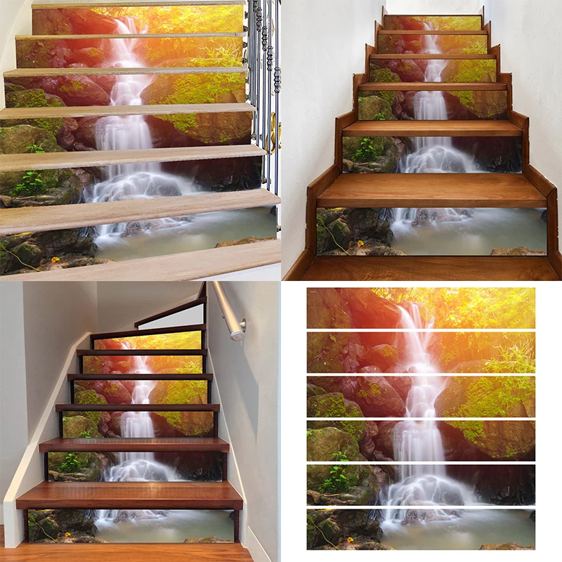 DIY 6pcs 3D Waterfall Stairs Risers Mural Vinyl Stickers Decal Wall Paper Decor