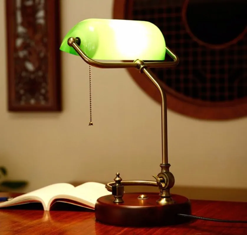 Классический китайский Ретро Зеленый Настольный светильник с вытяжной цепью переключатель стеклянный абажур деревянное шасси металлический кронштейн Настольный светильник для спальни