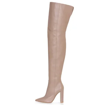 

Western Cowboy Boots Women Black Beige Leather Sexy Over The Knee Boots Women Pointed Toe Thick Heels Witner Long Boots