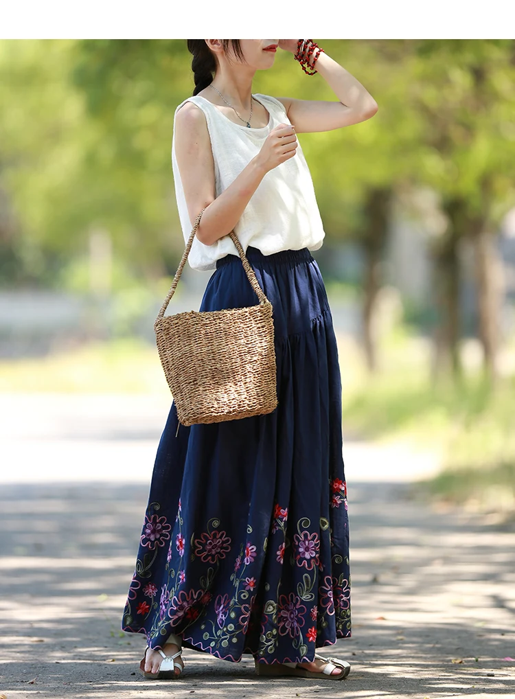 Эластичная длинная юбка с высокой талией, женские летние юбки с вышивкой, винтажная длинная юбка трапециевидной формы с большим подолом, Jupe Longue, 3 цвета
