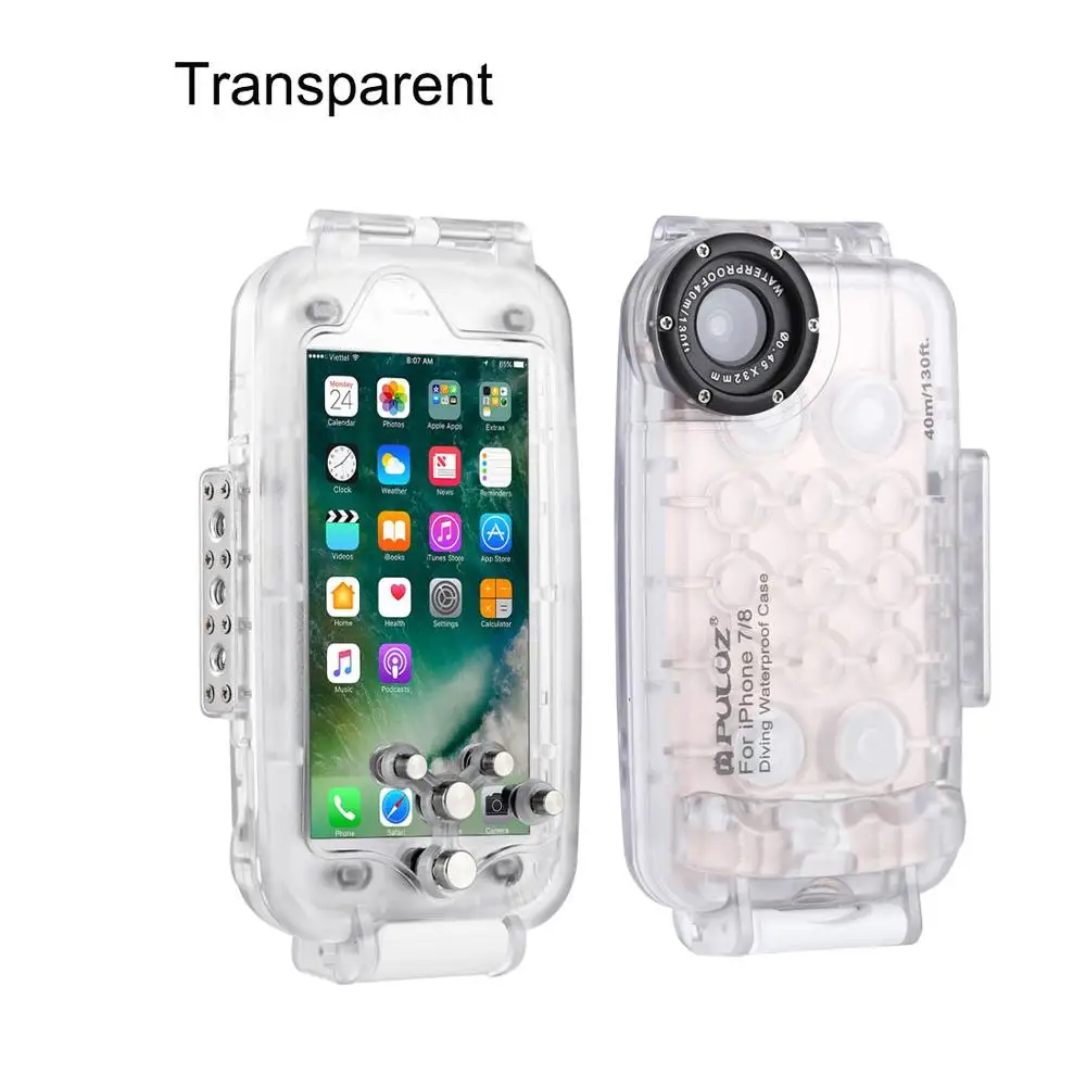Transparent PULUZ 40 м Дайвинг Водонепроницаемый чехол для iPhone 7 8 7P 8P XR XS max корпус крышка оболочки фото видео съемки Подводные водные виды спорта - Цвет: Transparent