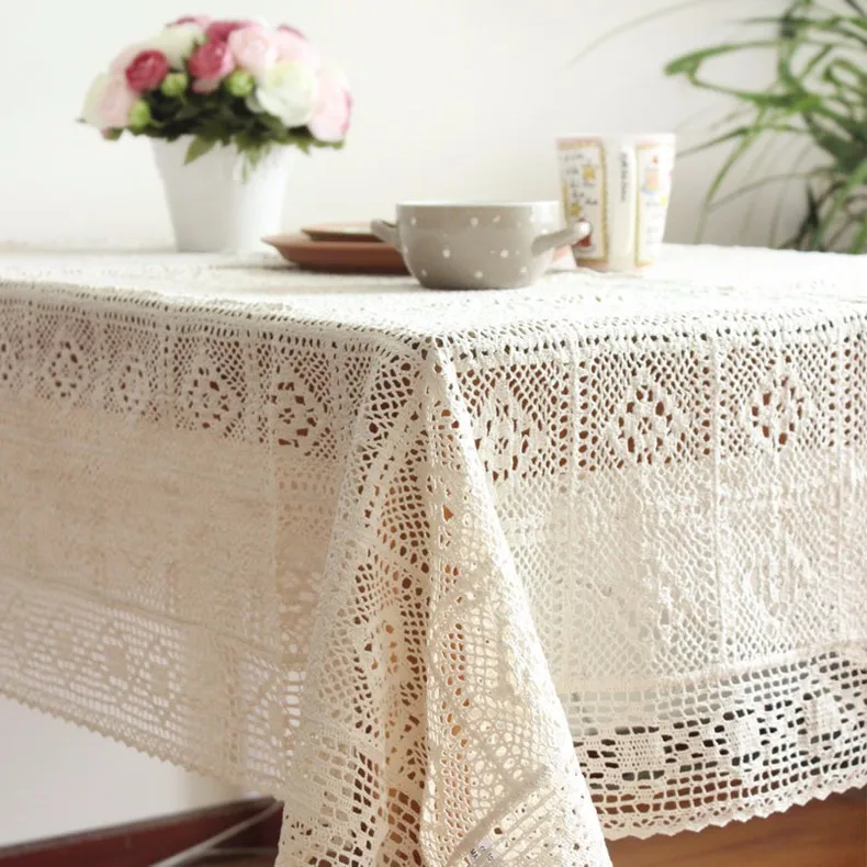  100% Cotton Knitted Lace Tablecloth Shabby Chic Vintage Crocheted Tablecloth Handmade Cotton Lace T