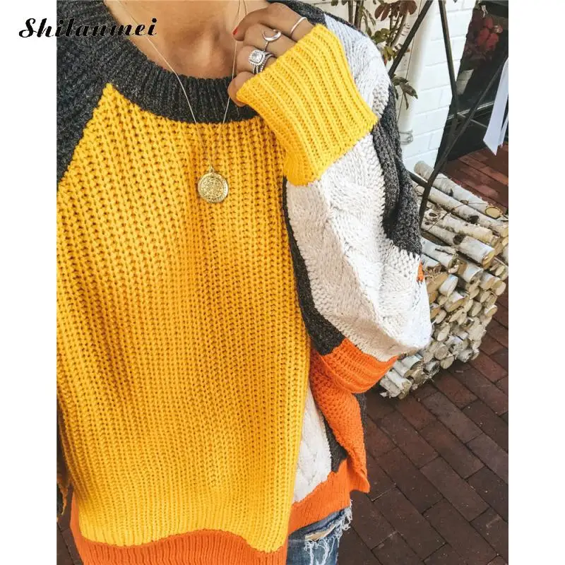 Autumn Winter Women Sweaters And Pullovers Street Style Lantern Sleeve Patchwork Jumper Fashion Loose Chunky Knit Sweaters