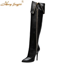 Г.; осенние однотонные женские сапоги до бедра на высоком каблуке черного цвета; женская обувь с боковой молнией; черные очаровательные ботфорты под платье; модное платье